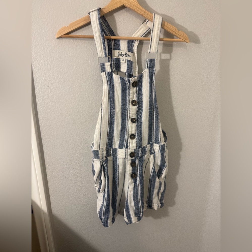 Indigo Rein Linen Blue and White Striped Overalls-‎ Size M